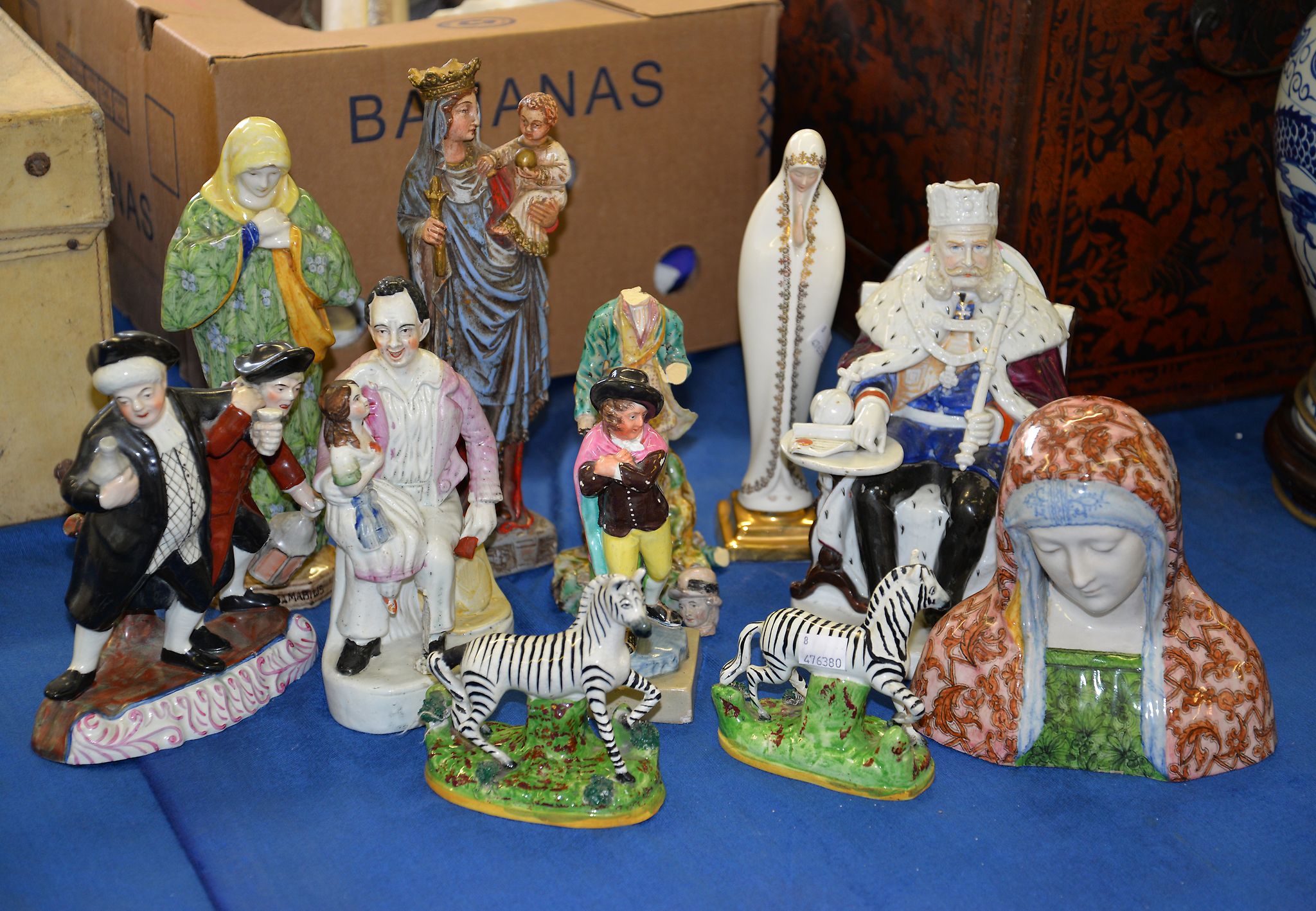 An Italian maiolica bust, an Italian maiolica figure of Mater Amabilis, and assorted Staffordshire