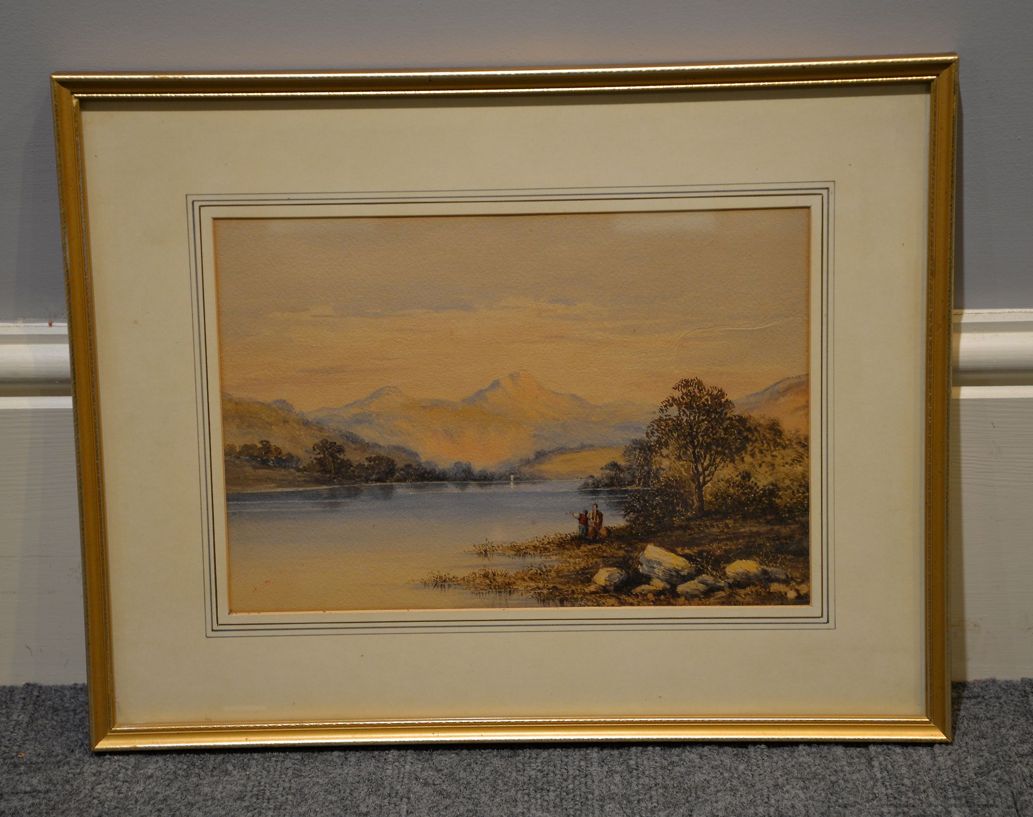 British School, (mid-19th century) Figures in a mountain lake scene Watercolour Indistinctly signed,