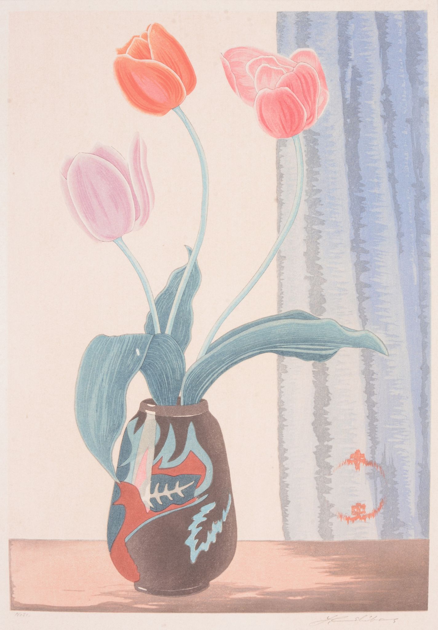 Urushibara (Yoshijiro, 1888-1953), Daffodils in a blue vase, colour woodcut on laid paper, signed in - Image 4 of 6