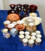 An assortment of ceramics and glass including Royal Crown Derby 'Imari' pattern coffee cans and