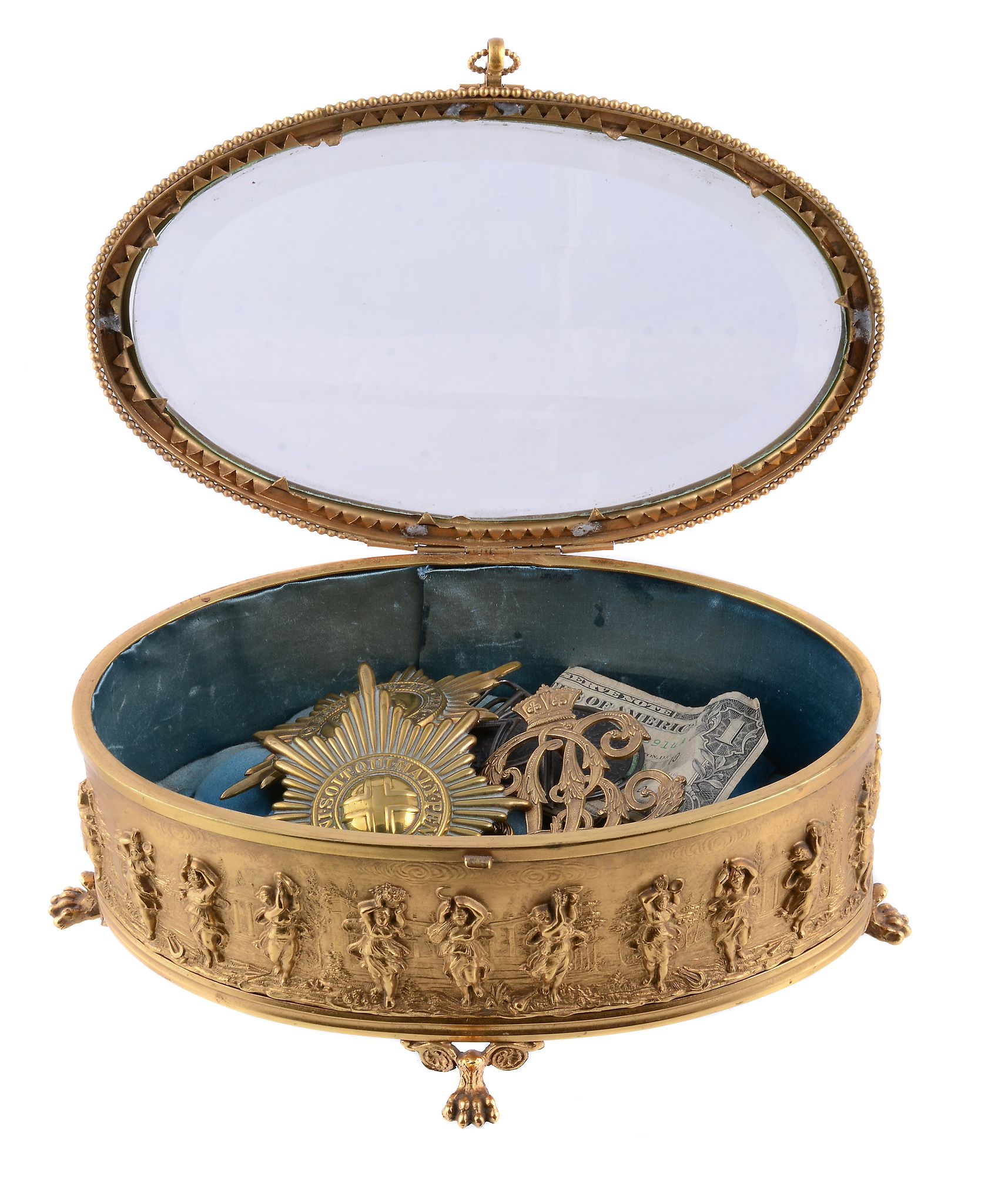 A Continental gilt-metal and glass oval casket, early 20th century, stamped with a frieze of dancing - Image 11 of 11