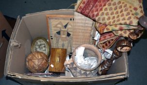 A box containing a stained wood tea caddy, various decorative pictures and prints, a painted wood