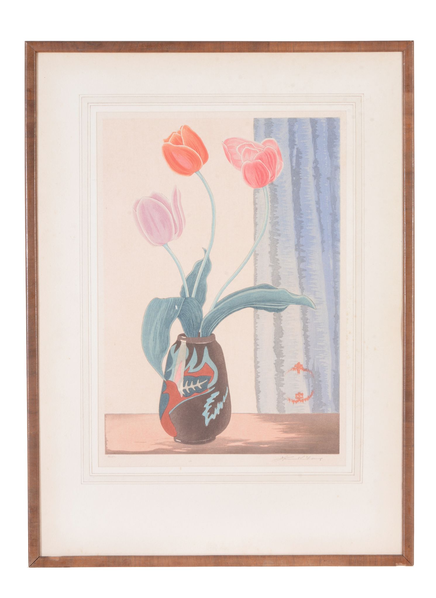 Urushibara (Yoshijiro, 1888-1953), Daffodils in a blue vase, colour woodcut on laid paper, signed in - Image 2 of 6