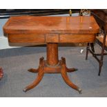 Ω A Regency mahogany and rosewood banded pedestal card table, 74cm high, 92cm wide, 45cm deep