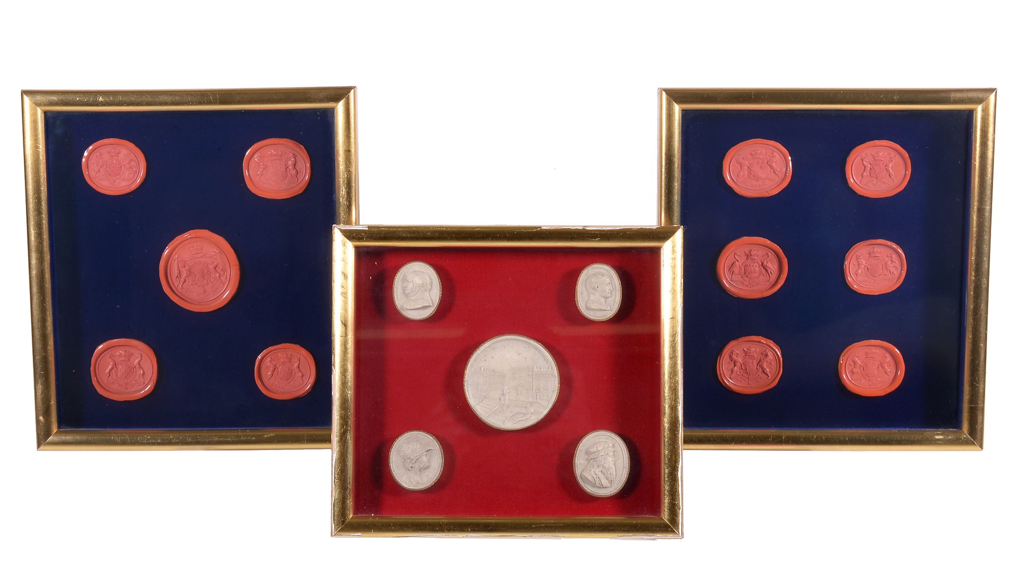 Two groups of five red wax seals, 19th century, later mounted within glazed giltwood frames, the