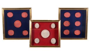 Two groups of five red wax seals, 19th century, later mounted within glazed giltwood frames, the