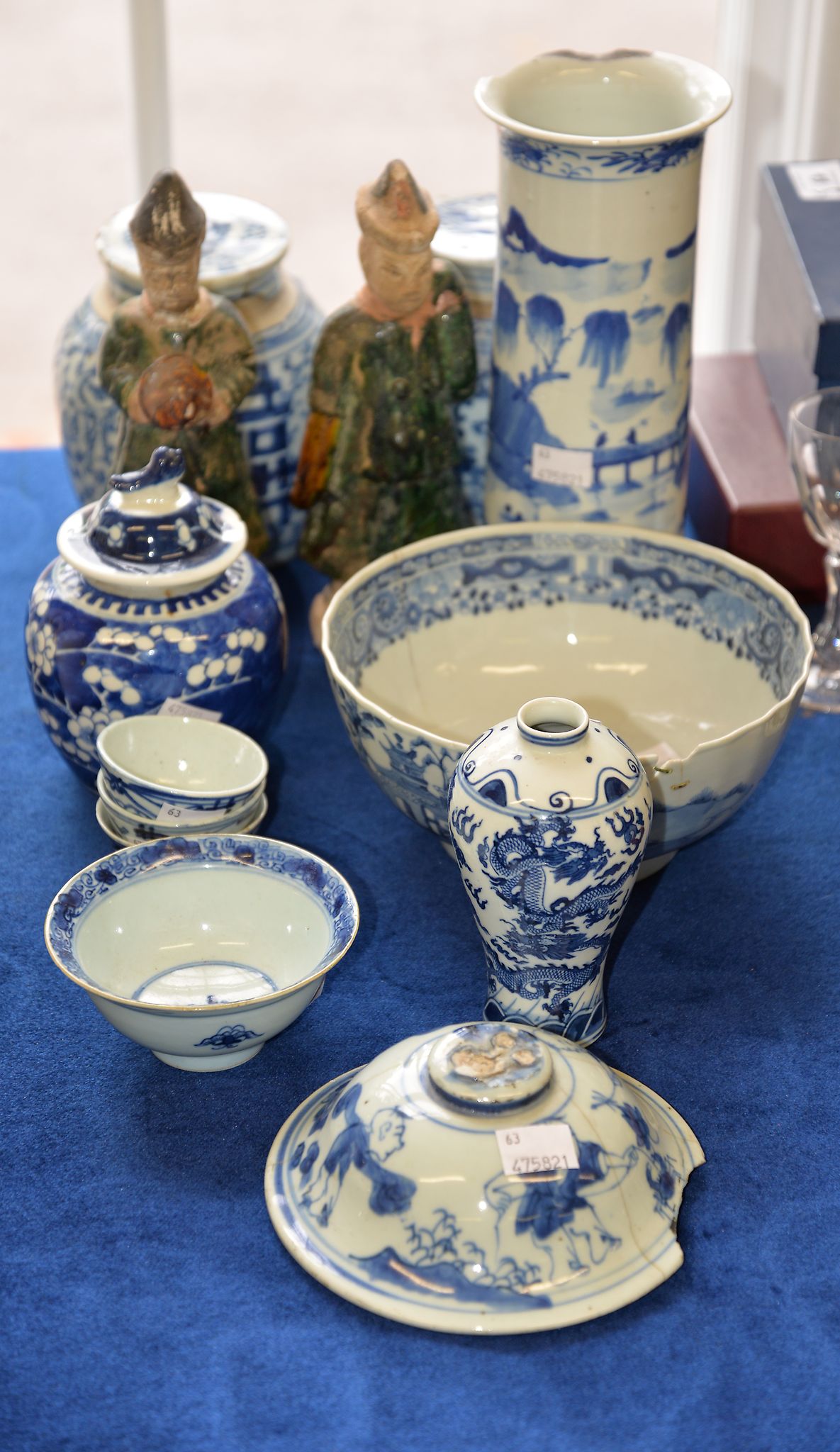 A group of Chinese blue and white porcelain, comprising; two blue and white 'prunus' vases and