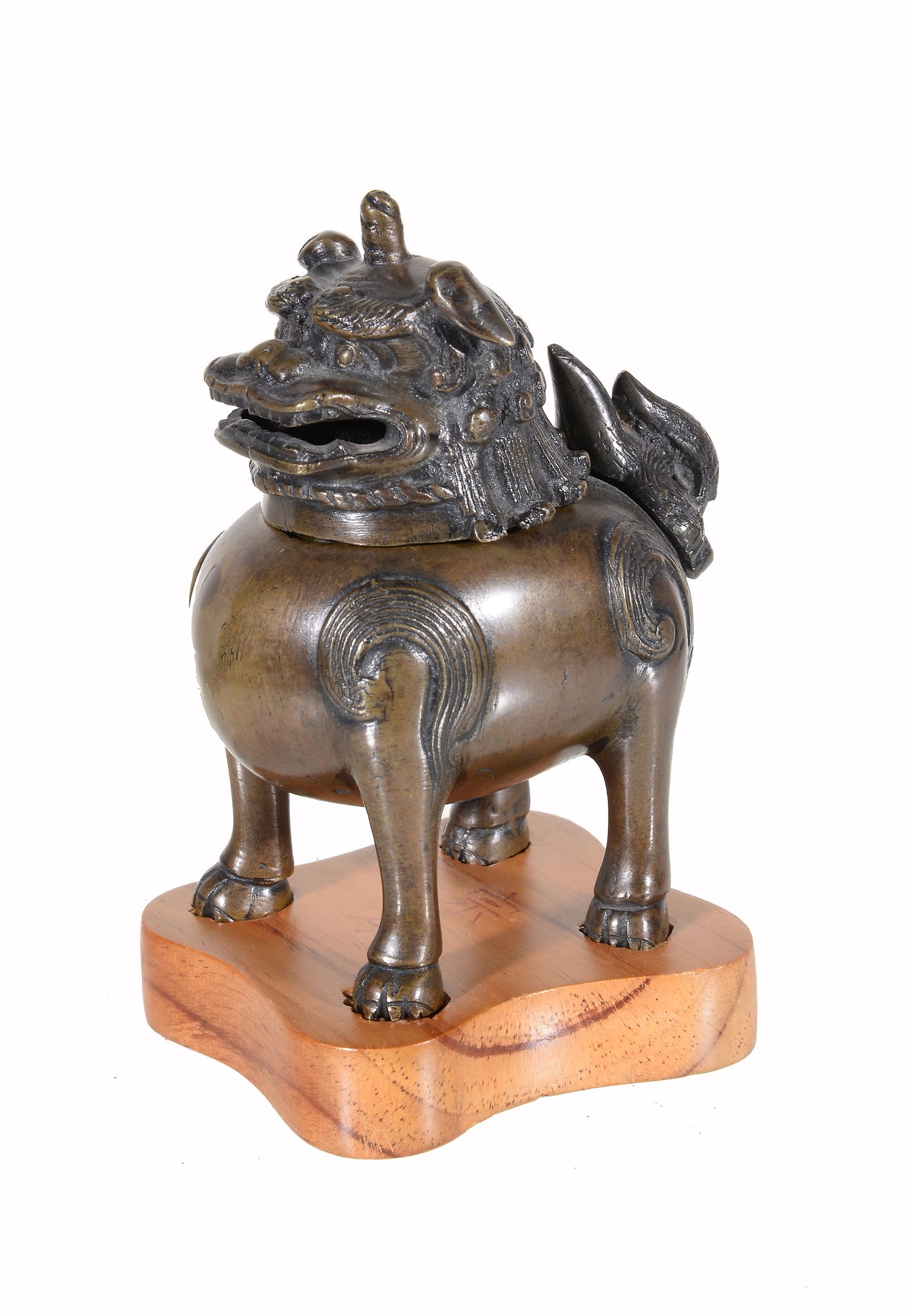 A small Chinese bronze Buddhist Lion' Incense Burner and Cover , Qing Dynasty, its head removable to