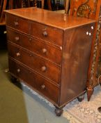 A mahogany chest of drawers with two short and three long graduated drawers above turned feet, 104cm