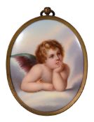 After Raphael's Sistine Madonna, a Continental porcelain panel depicting a cherub, last quarter 19th