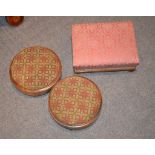 Two Victorian round footstools, with needlework tops, and a rectangular foot stool (3)