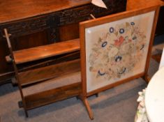 A mahogany open wall shelf, and an oak and tapestry panel firescreen