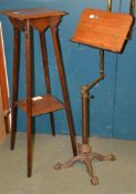 A Victorian walnut and cast iron reading stand, attributed to Carter's Ltd, and a jardinière stand