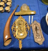A 19th century plated candle snuffer and tray, another in brass, and other items