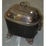 A tole peint sarcophagus-shaped two-handled coal box and cover, the cover painted with floral