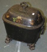 A tole peint sarcophagus-shaped two-handled coal box and cover, the cover painted with floral