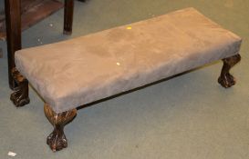 A faux suede upholstered footstool, 20th century, with cabriole legs and claw ball feet, 27cm