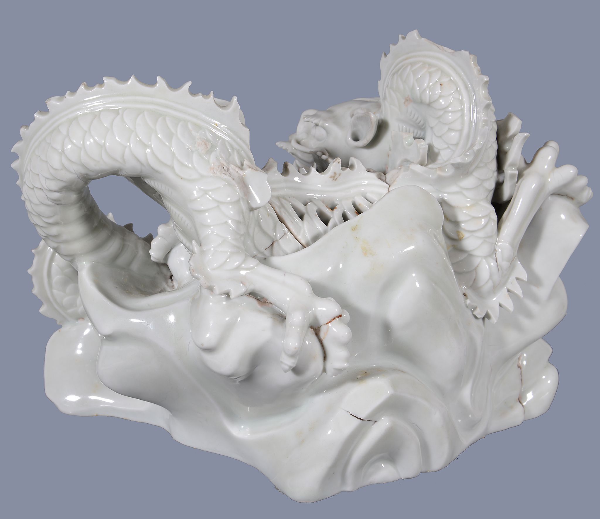 A Dehua 'dragon' incense burner and cover, Qing Dynasty, the fierce dragon standing on a rock, the - Image 9 of 11