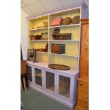 A purple painted úrmhouse' kitchen cupboard, modern, with shelves above a 'meat safe' cupboard base,