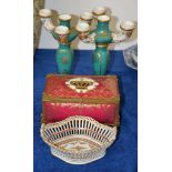 A modern Limoges porcelain claret-ground and gilt casket and hinged cover, 23cm in length; a