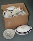 A box containing various part teasets, including Royal Albert 'Old Country Roses', Wedgwood -