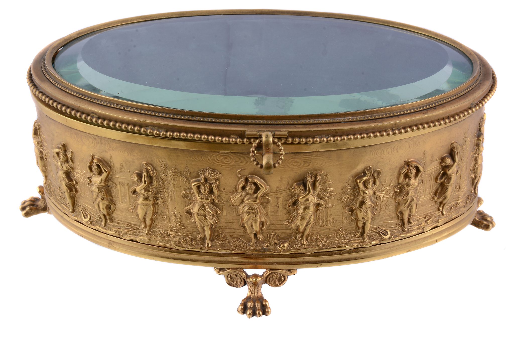 A Continental gilt-metal and glass oval casket, early 20th century, stamped with a frieze of dancing - Image 10 of 11