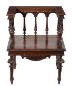 A Continental, probably north Italian carved and inlaid mixed wood armchair , late 19th/early 20th