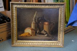 British School (19th century) Still life of jugs, candle and bread Oil on canvas Indistinctly signed
