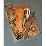 A box containing a quantity of metalware, including a modern hookah pipe, etc