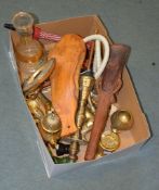 A box containing a quantity of metalware, including a modern hookah pipe, etc