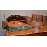 Two cutlery trays and a pair of oak and later faux leather bellows (3)