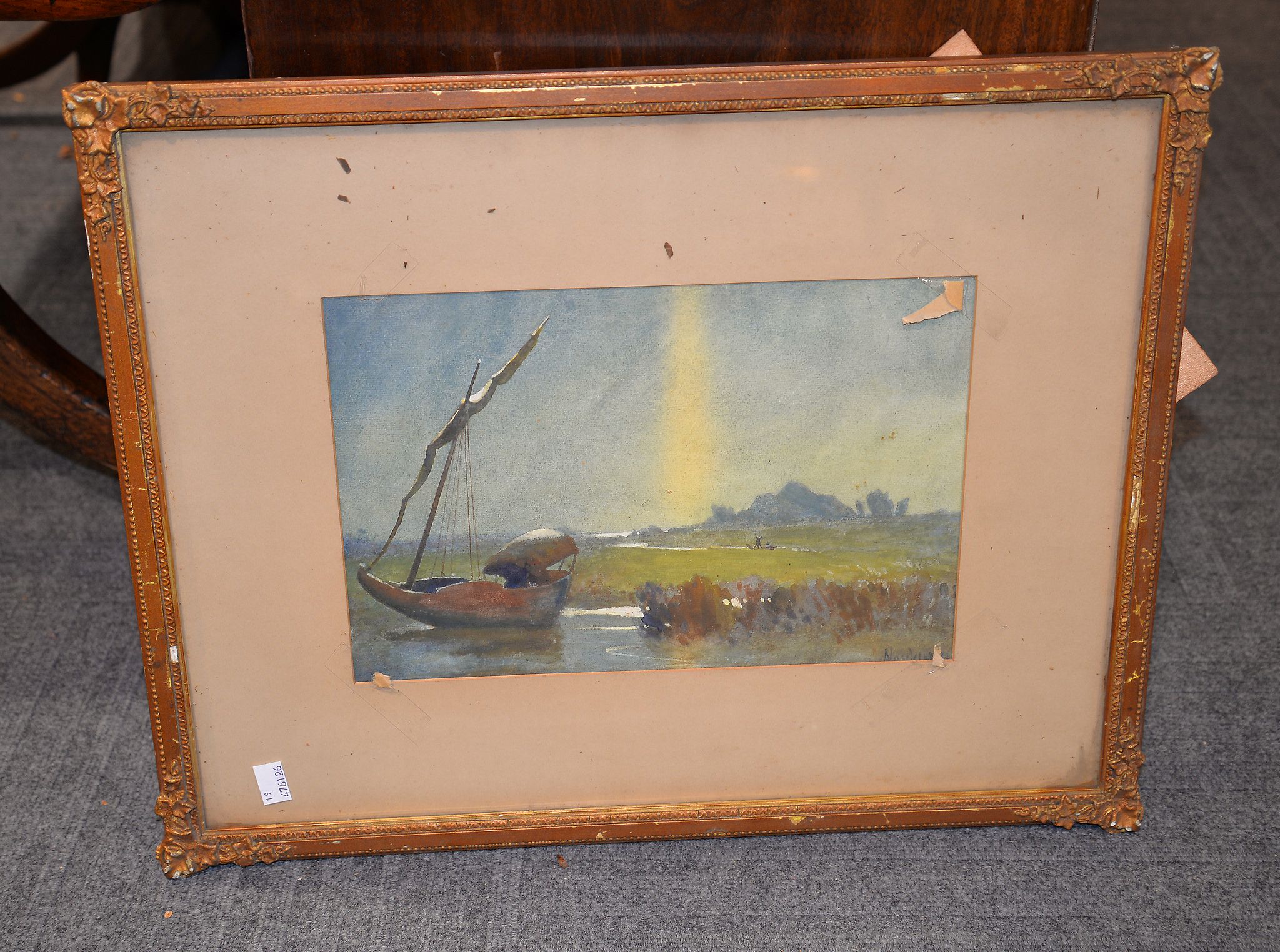 British School (20th century) Boat on the river Watercolour heightened with white Indistinctly