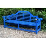A blue painted garden bench after the manner of Lutyens , 226cm wide overall Provenance: The