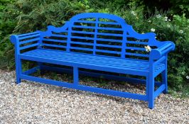 A blue painted garden bench after the manner of Lutyens , 226cm wide overall Provenance: The