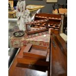 A mahogany test tube stand, another smaller, a cased part set of drawing instruments etc.