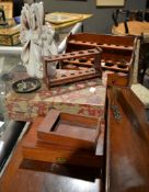 A mahogany test tube stand, another smaller, a cased part set of drawing instruments etc.