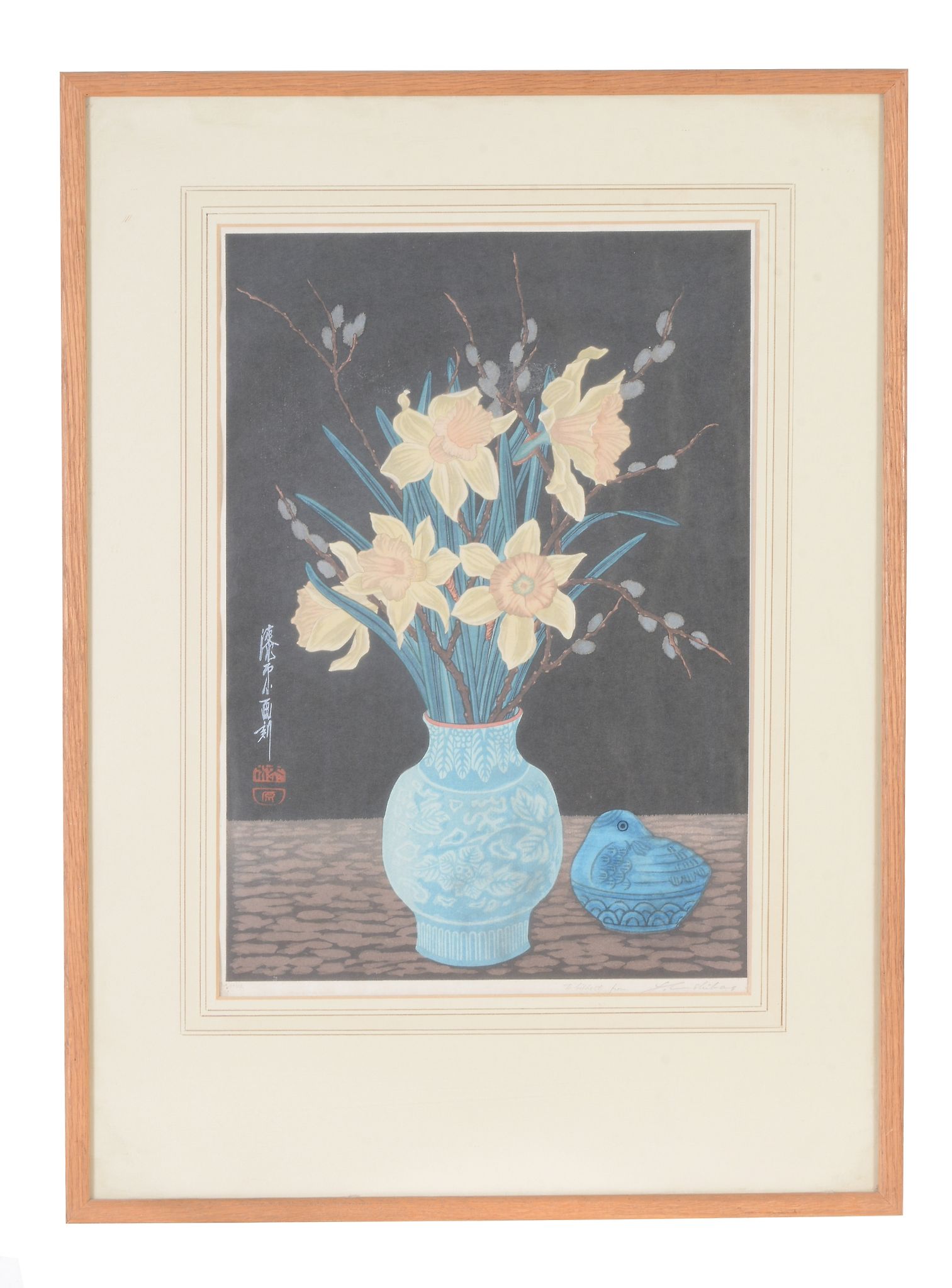 Urushibara (Yoshijiro, 1888-1953), Daffodils in a blue vase, colour woodcut on laid paper, signed in