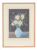 Urushibara (Yoshijiro, 1888-1953), Daffodils in a blue vase, colour woodcut on laid paper, signed in