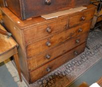 A mahogany chest of drawers, with turned handles, lacking feet, 124cm wide