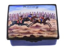 An enamel rectangular table snuff box, Continental late 19th century, the cover painted with a
