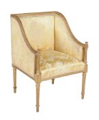 A carved giltwood and silk damask upholstered armchair, in George III style, 20th century, the