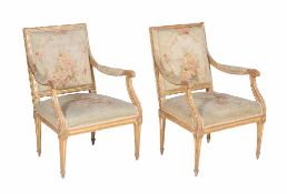 A set of four French giltwood open armchairs, 19th century, each 90cm high, 64cm wide, 60cm deep