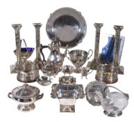 A collection of silver plated wares, including: a set of four Adam style candlesticks, circa 1900,