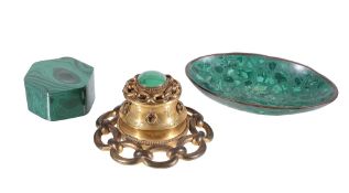 A Victorian gilt brass and malachite mounted inkwell, circa 1870, of capstan form, the hinged cover