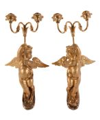 A pair of Continental, probably Italian carved and giltwood twin light wall appliques, second
