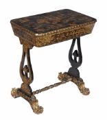 A Chinese export black lacquered and parcel gilt work table , late 19th century, with overall