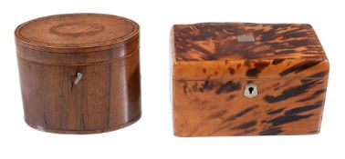 Ω A George IV tortoiseshell veneered tea caddy , circa 1825, of rectangular form, the hinged cover