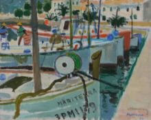 δ Alberto Morrocco (Scottish 1917-1998) - Fishing Boats Oil on canvas-board Signed and dated 92