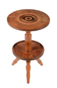 A Continental, yew and specimen banded two tier occasional table , of small proportion, the
