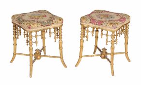 A pair of giltwood stools in Regency style , late 19th century, each with French tapestry to the